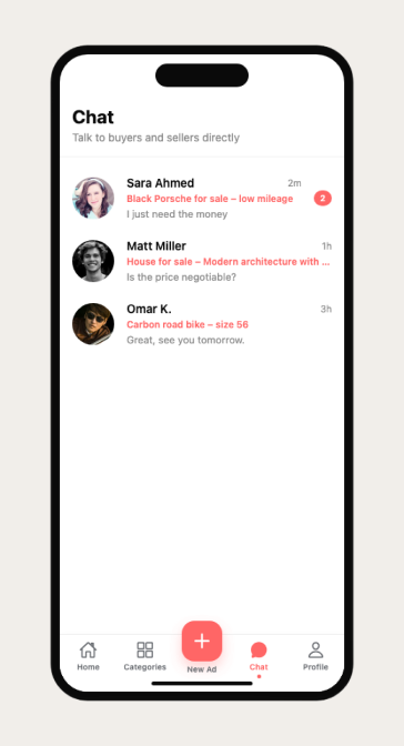 Chat inbox showing active conversations with sellers