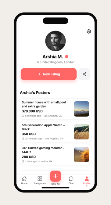 User profile screen showing a seller's listings and a New listing button