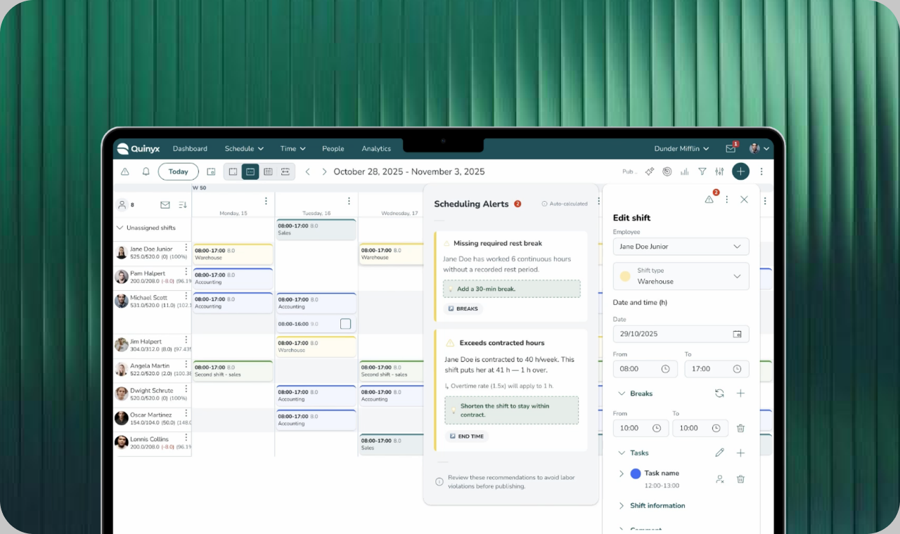 Quinyx scheduling compliance alerts cover
