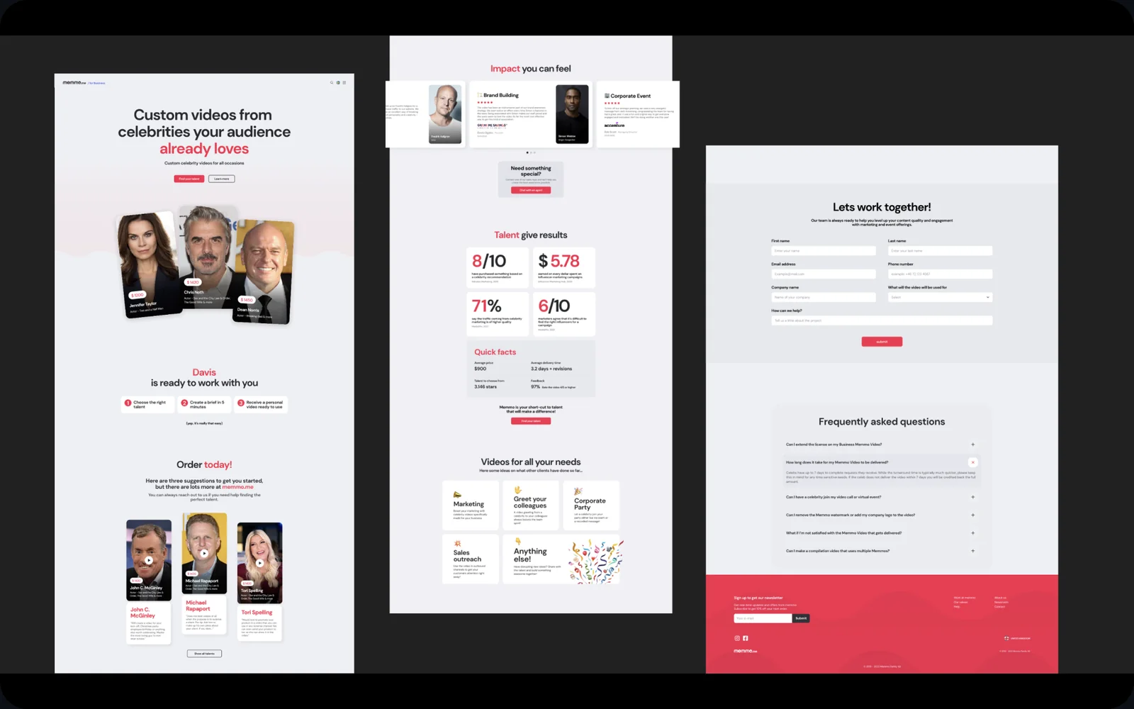 Custom videos from celebrities landing page showing the Talent give results stats section