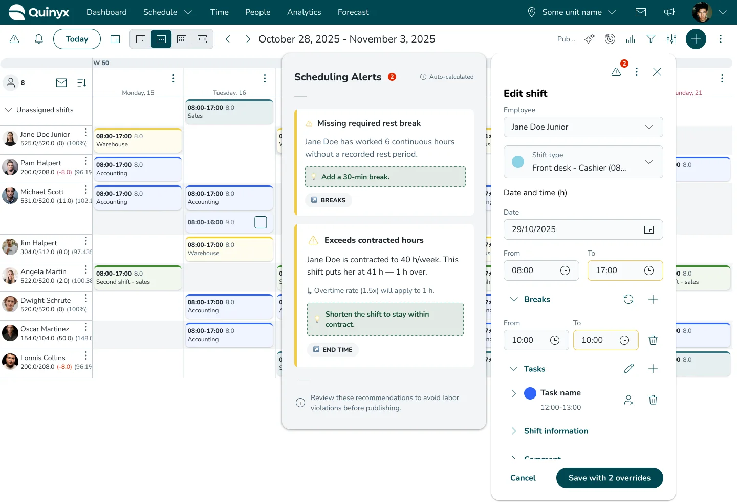 Inline Scheduling Alerts panel with prescriptive fixes and a Save with 2 overrides button
