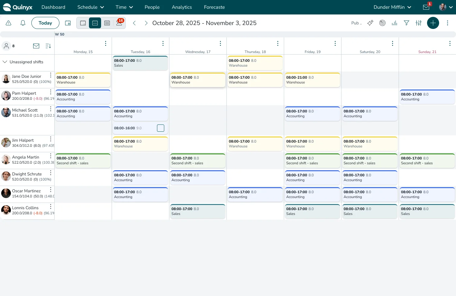 Weekly schedule view showing shifts across the team