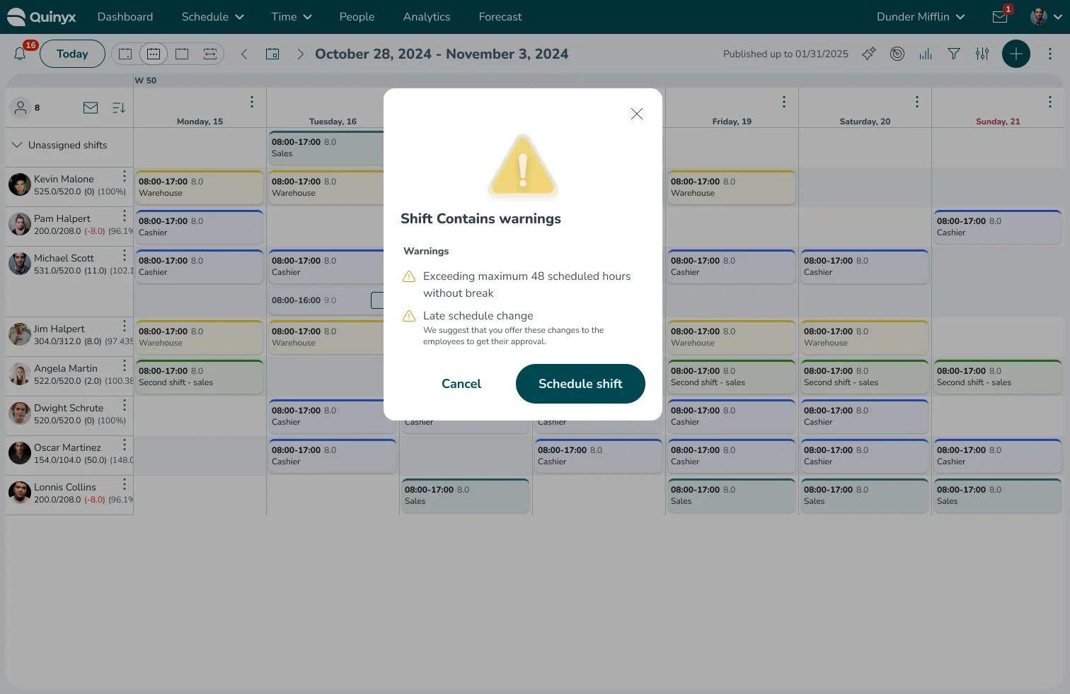 Blocking modal reading Shift Contains warnings with Cancel and Schedule shift buttons